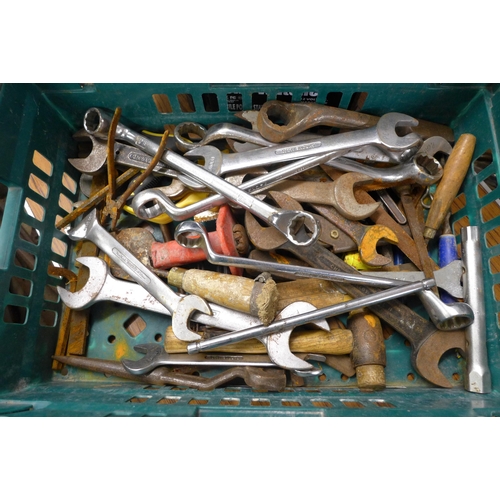 2019 - A tray of large spanners and a Sky-Watcher 12v DC mobile power station with spotlight and radio