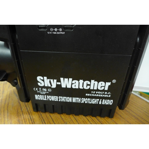 2019 - A tray of large spanners and a Sky-Watcher 12v DC mobile power station with spotlight and radio