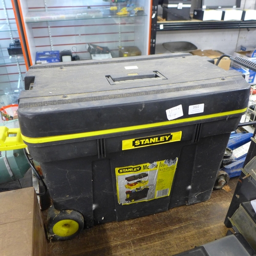 2022 - A Stanley toolbox trolley with quantity of hand tools including bike parts, power tools, etc.