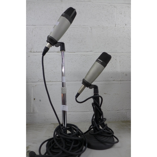 2073 - 2 Microphones; Samson (CO3) multi-pattern condenser on stand and Samson (CO1) studio condenser on st... 