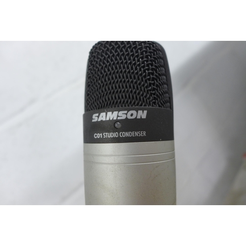 2073 - 2 Microphones; Samson (CO3) multi-pattern condenser on stand and Samson (CO1) studio condenser on st... 