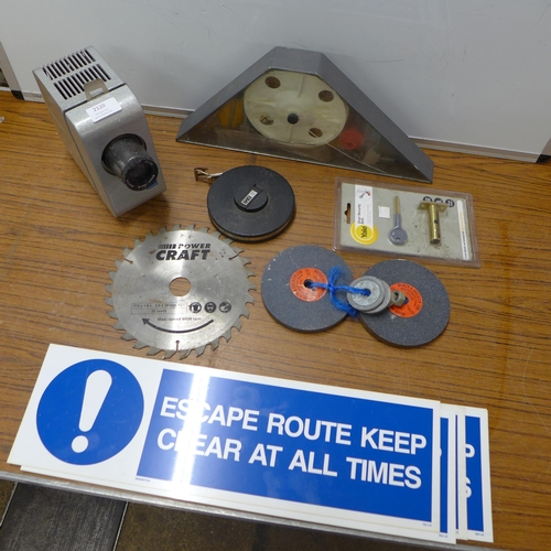 2120 - A Meyer Optik Görlitz Diaplan projector, six escape route signs, a 30m BMI tape measure, a Power Cra... 