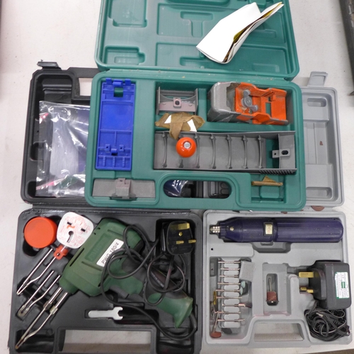 2197 - A TCL Quickwood plane kit, Parkside PWG 18014 welding gun and Rotary tool in case