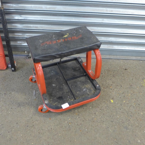 2200 - A Neilson workshop stool with tool tray and under car dolly