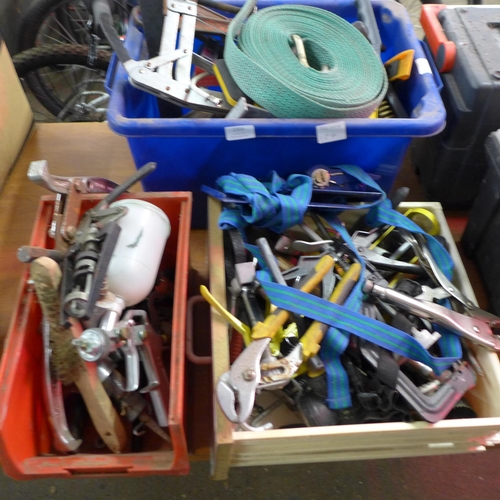 2203 - Three boxes of assorted tools including air tools, spray gun, wire brushes, grips, clamps, etc.