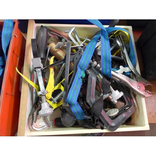 2203 - Three boxes of assorted tools including air tools, spray gun, wire brushes, grips, clamps, etc.