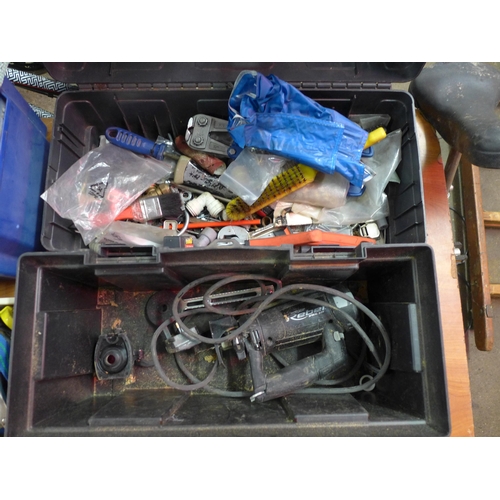 2204 - Two plastic toolboxes of assorted hand tools including Rotozip saw, bolt cutters, wire brush, etc.