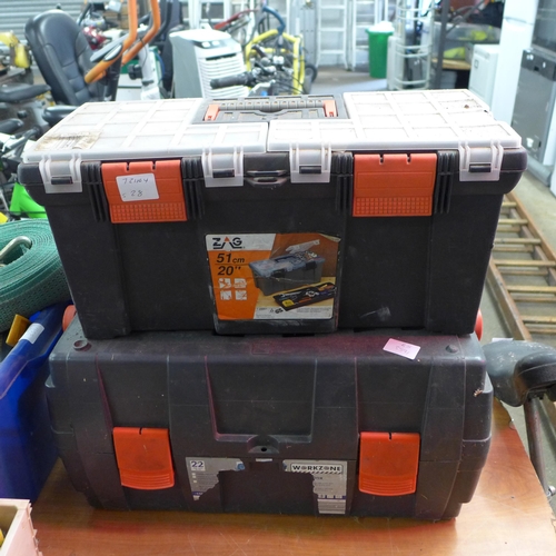 2204 - Two plastic toolboxes of assorted hand tools including Rotozip saw, bolt cutters, wire brush, etc.