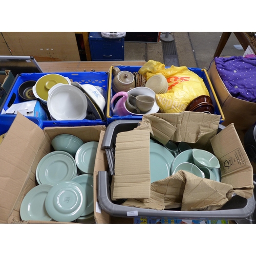 2389 - Four boxes of various household items and dinnerware including Wood’s Ware Beryl, Kiln Craft Bacchus... 