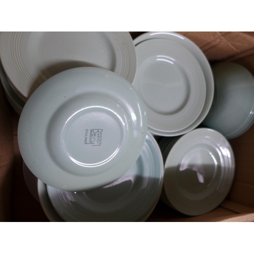 2389 - Four boxes of various household items and dinnerware including Wood’s Ware Beryl, Kiln Craft Bacchus... 