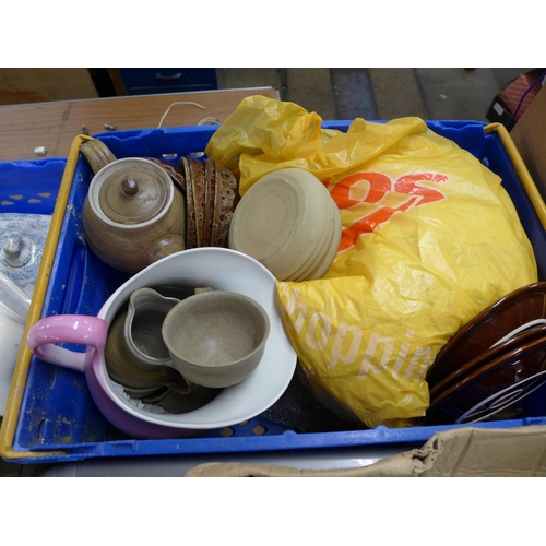 2389 - Four boxes of various household items and dinnerware including Wood’s Ware Beryl, Kiln Craft Bacchus... 