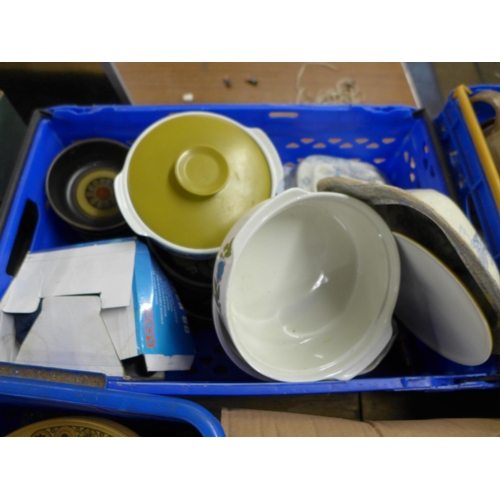 2389 - Four boxes of various household items and dinnerware including Wood’s Ware Beryl, Kiln Craft Bacchus... 