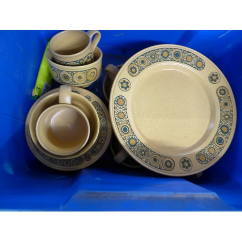 2389 - Four boxes of various household items and dinnerware including Wood’s Ware Beryl, Kiln Craft Bacchus... 