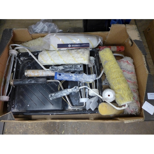 2435 - A box of decorating equipment including paint rollers and paint trays and a large quantity of assort... 