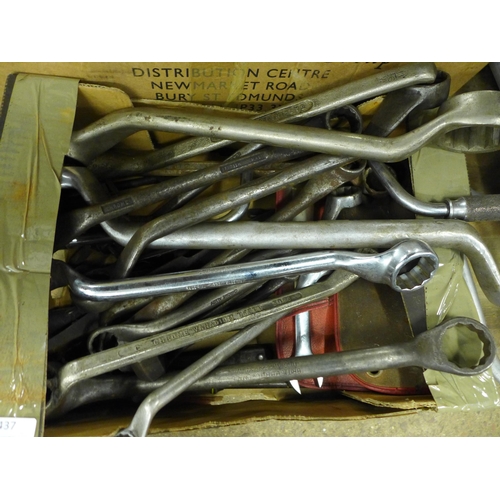 2437 - 2 Boxes of assorted hand tools including a quantity of large ring end spanner’s, pipe threading tool... 