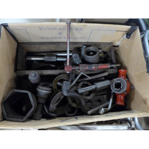 2437 - 2 Boxes of assorted hand tools including a quantity of large ring end spanner’s, pipe threading tool... 