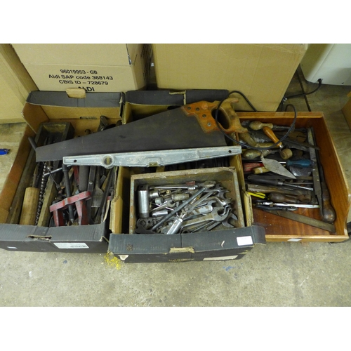 2438 - 3 Boxes of assorted hand tools including spanners, drill bits, a saw, spirit level, screwdrivers, fi... 