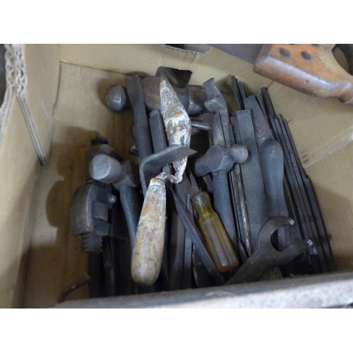 2438 - 3 Boxes of assorted hand tools including spanners, drill bits, a saw, spirit level, screwdrivers, fi... 