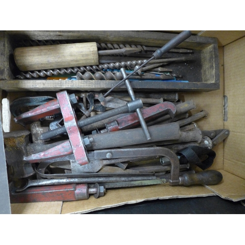 2438 - 3 Boxes of assorted hand tools including spanners, drill bits, a saw, spirit level, screwdrivers, fi... 