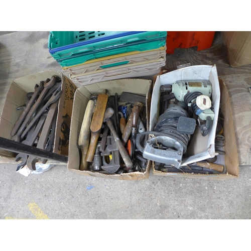 2439 - 3 Boxes of assorted hand tools including a Stanley Bridges 5/16” general purpose power drill(DR2T), ... 