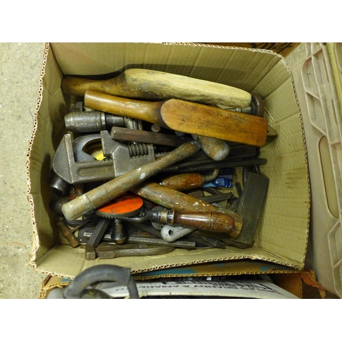 2439 - 3 Boxes of assorted hand tools including a Stanley Bridges 5/16” general purpose power drill(DR2T), ... 