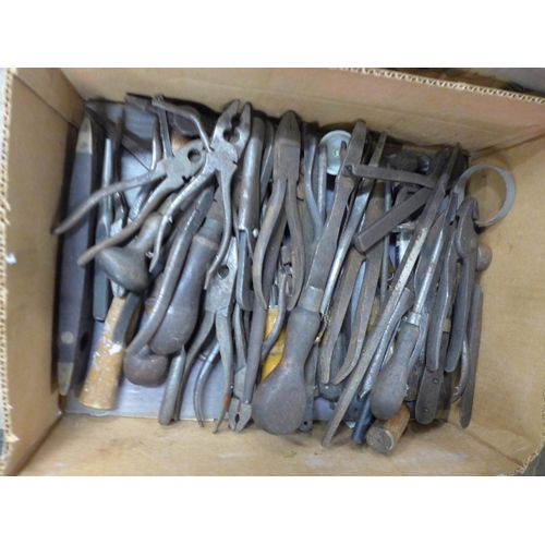 2439 - 3 Boxes of assorted hand tools including a Stanley Bridges 5/16” general purpose power drill(DR2T), ... 