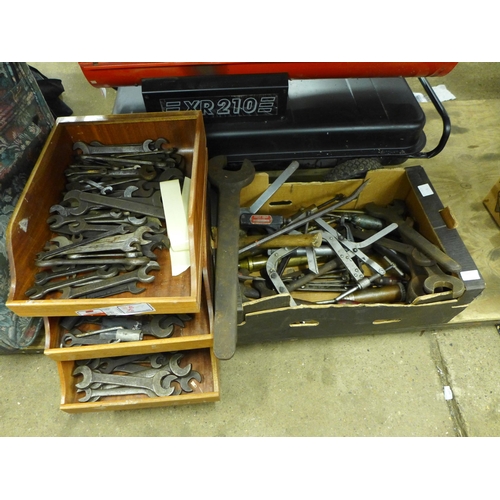 2440 - 4 Boxes of tools, mostly spanners, hammers, a crow bar, grease guns, clamps etc.