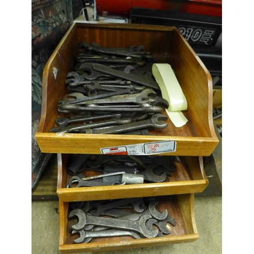 2440 - 4 Boxes of tools, mostly spanners, hammers, a crow bar, grease guns, clamps etc.