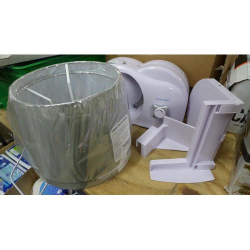 2306A - A Cookworks meat slicer and two grey Happy Homewares lamp shades