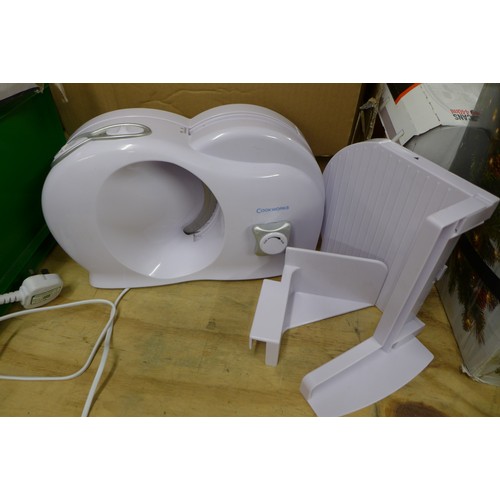 2306A - A Cookworks meat slicer and two grey Happy Homewares lamp shades