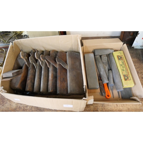 308 - A collection of moulding planes, sharpening stones and files