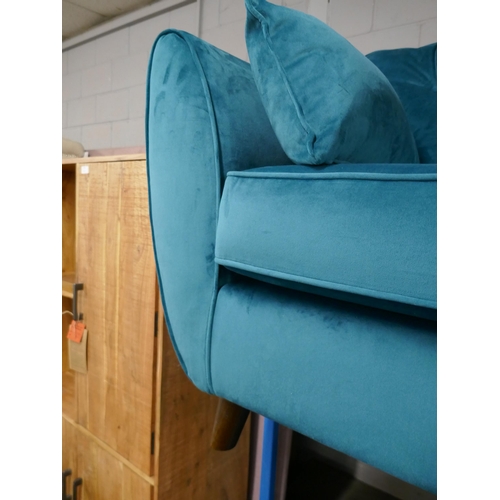 1402 - A turquoise Hoxton velvet three seater sofa, two seater sofa and footstool RRP £1797