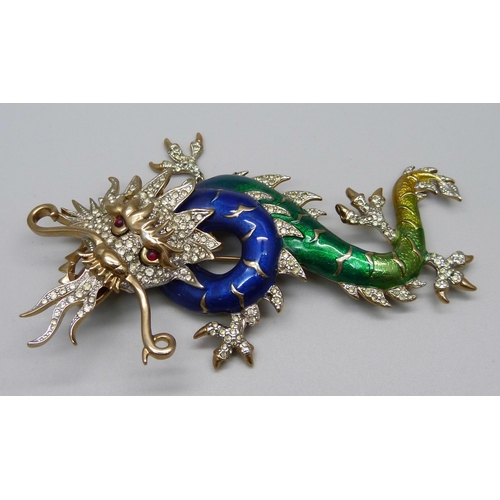 1042 - A large Butler and Wilson 1980s blue and green enamel dragon brooch, 11cm