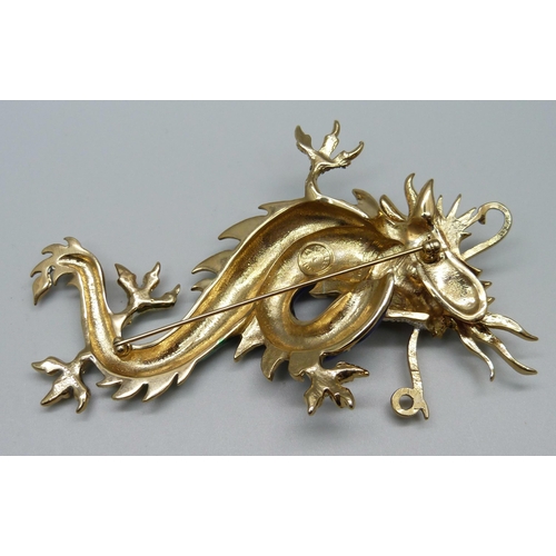 1042 - A large Butler and Wilson 1980s blue and green enamel dragon brooch, 11cm