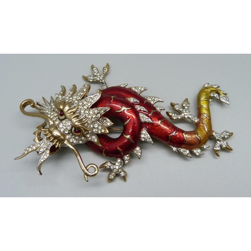 1044 - A large Butler & Wilson red and gold enamel  1980s design brooch, 11cm