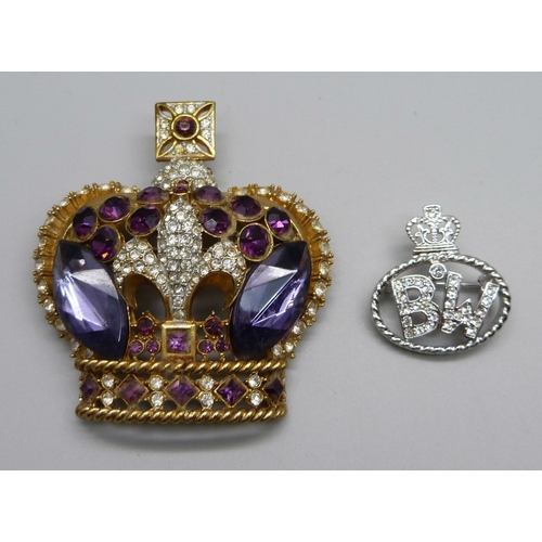 1045 - A Butler & Wilson stone crown brooch with purple and lilac stones and one other brooch