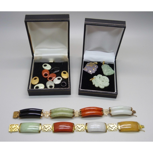 1048 - Two 14ct gold mounted multi-coloured gold jade bracelets, three jade pendants and a collection of ja... 