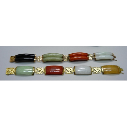 1048 - Two 14ct gold mounted multi-coloured gold jade bracelets, three jade pendants and a collection of ja... 