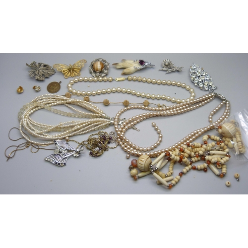 1056 - Costume jewellery, brooches, faux pearls, etc.