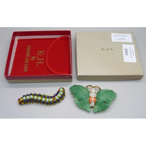 1062 - A Kenneth Jay Lane (KLJ) simulated jade butterfly brooch and a blue stone caterpillar brooch lacking... 