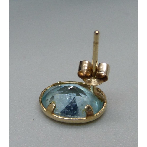 1065 - A pair of yellow metal and aquamarine earrings, tests as 9ct