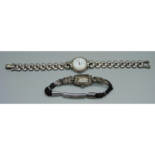 1068 - A lady's marcasite set wristwatch and a lady's silver wristwatch