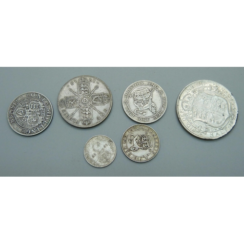 1071 - Six silver coins, 1915 half-crown, 1915 florin, 1914 shilling, 1898 shilling, 1918 sixpence and 1917... 