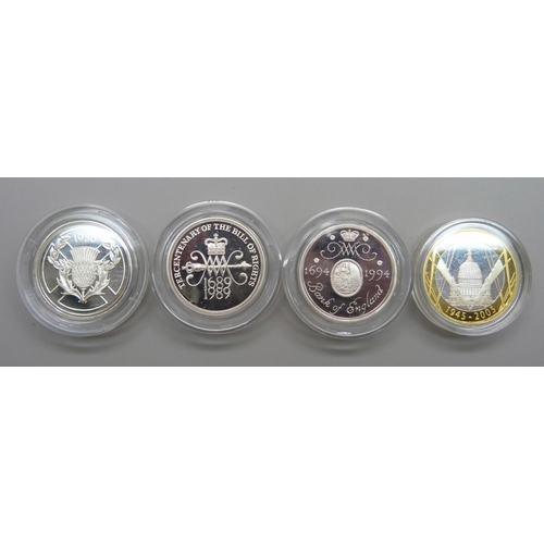 1072 - Four silver £2 coins, 1986, 1994, 1989 Bill of rights and 2005 WWII 60 Year commemorative