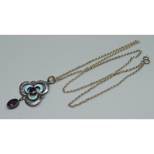 1092 - An Art Nouveau white metal and enamel pendant with amethyst drop-on silver chain