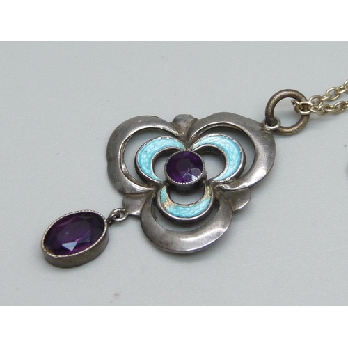 1092 - An Art Nouveau white metal and enamel pendant with amethyst drop-on silver chain