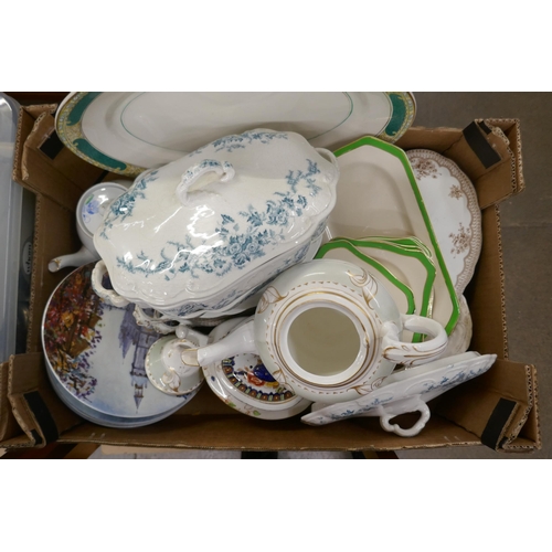 1109 - A circa 1900 teapot, two other tea pots, tureens, a sandwich set, a glass vase, etc. **PLEASE NOTE T... 