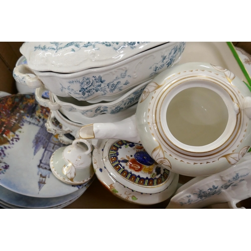 1109 - A circa 1900 teapot, two other tea pots, tureens, a sandwich set, a glass vase, etc. **PLEASE NOTE T... 