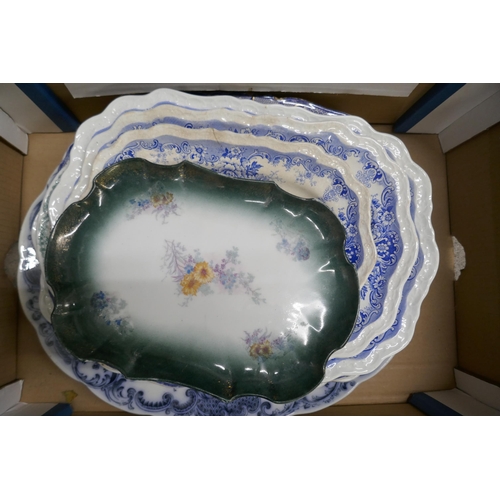 1111 - A Willow pattern blue and white serving plate, other serving plates and two other boxes of mixed chi... 