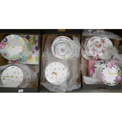 1123 - Three boxes of cake stands and cake plates including Royal Albert, Aynsley, Portmeirion and Wedgwood... 